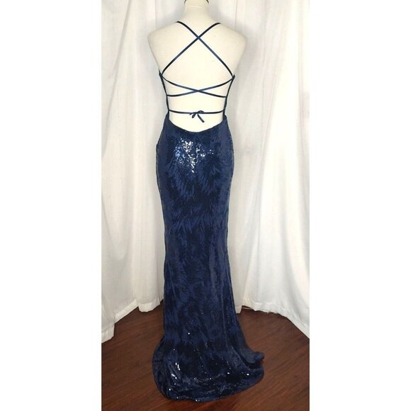 JULES AND CLEO Maxi Dress 8 Formal Gown Navy Sequin Strappy Open Back Prom - Picture 10 of 15